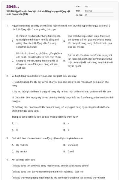 399 Bài tập Chuyển hóa Vật chất và Năng lượng ở Động vật mức độ cơ bản (P8)