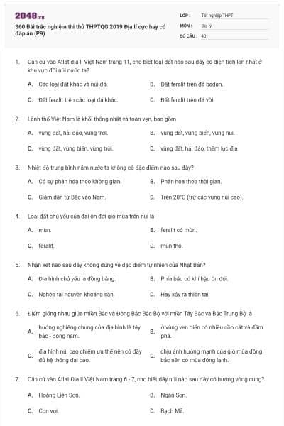 360 Bài trắc nghiệm thi thử THPTQG 2019 Địa lí cực hay có đáp án (P9)