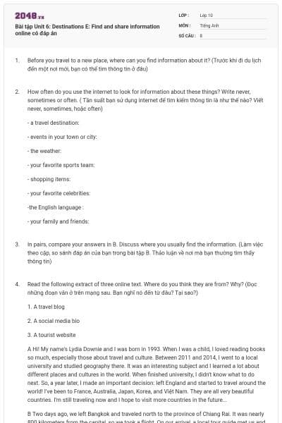 Bài tập Unit 6: Destinations E: Find and share information online có đáp án