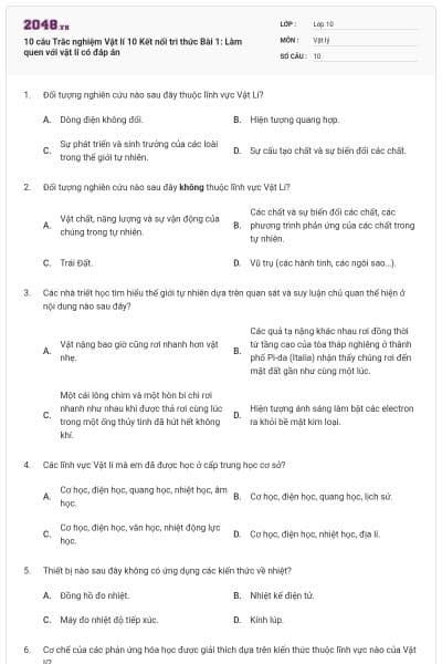10 câu Trắc nghiệm Vật lí 10 Kết nối tri thức Bài 1: Làm quen với vật lí có đáp án