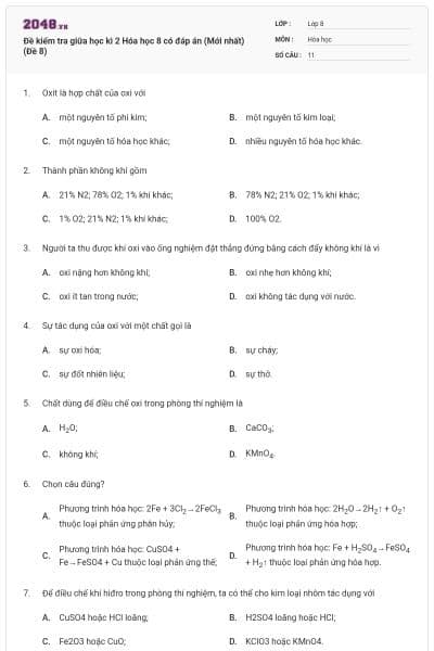 Đề kiểm tra giữa học kì 2 Hóa học 8 có đáp án (Mới nhất) (Đề 8)