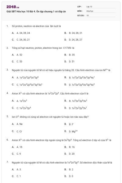 Giải SBT Hóa học 10 Bài 4. Ôn tập chương 1 có đáp án