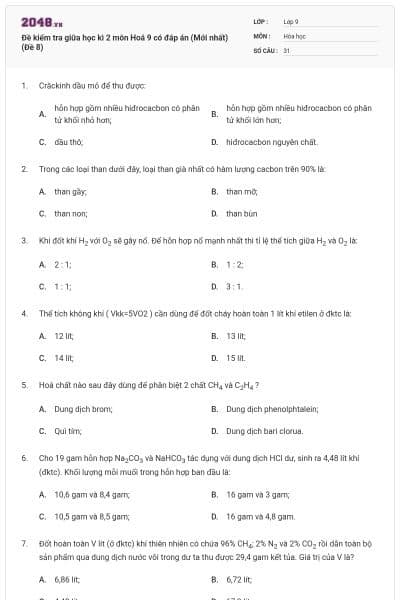 Đề kiểm tra giữa học kì 2 môn Hoá 9 có đáp án (Mới nhất) (Đề 8)