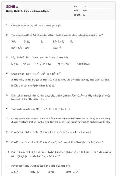 Bài tập Bài 2. Đa thức một biến có đáp án