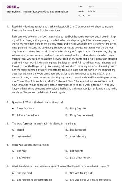 Trắc nghiệm Tiếng anh 12 Đọc hiểu có đáp án (Phần 2)