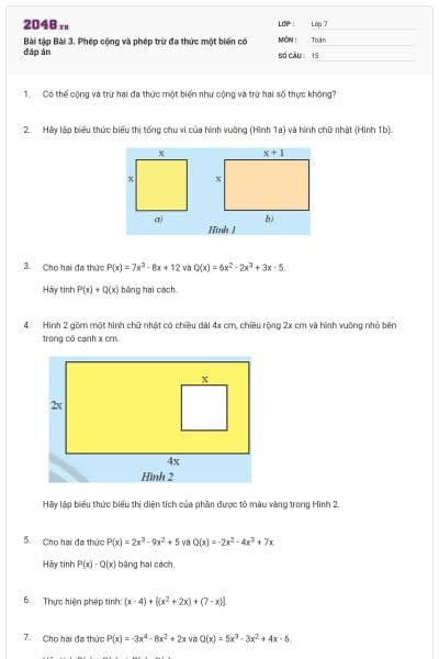 Bài tập Bài 3. Phép cộng và phép trừ đa thức một biến có đáp án