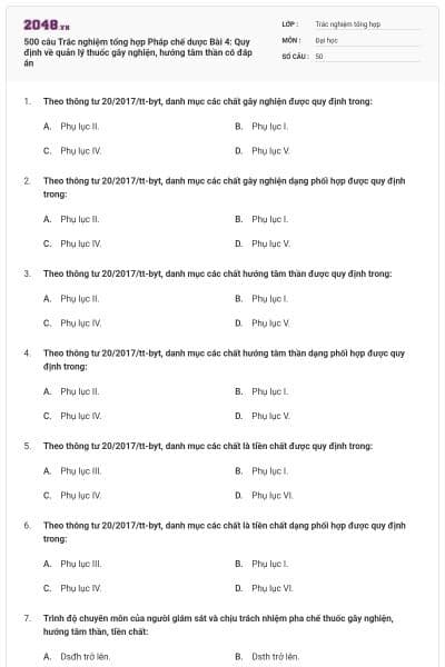 500 câu Trắc nghiệm tổng hợp Pháp chế dược Bài 4: Quy định về quản lý thuốc gây nghiện, hướng tâm thần có đáp án