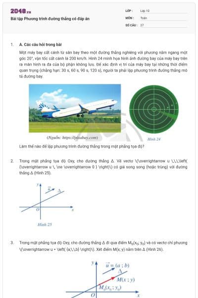 Bài tập Phương trình đường thẳng có đáp án