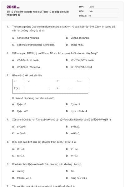 Bộ 10 Đề kiểm tra giữa học kì 2 Toán 10 có đáp án (Mới nhất) (Đề 6)