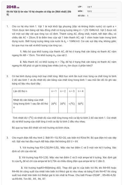 Đề thi Vật lý ôn vào 10 hệ chuyên có đáp án (Mới nhất) (Đề 8)