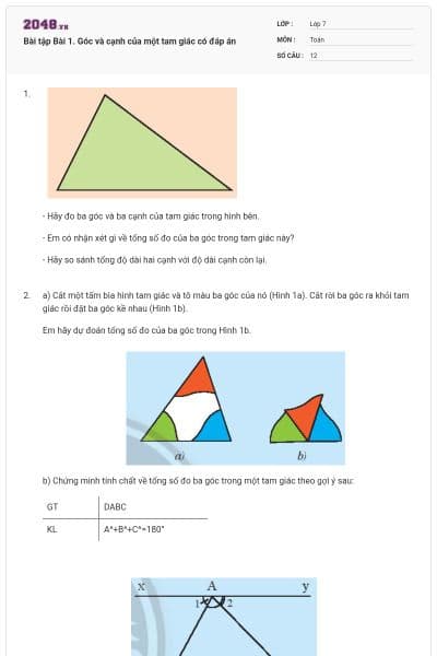 Bài tập Bài 1. Góc và cạnh của một tam giác có đáp án