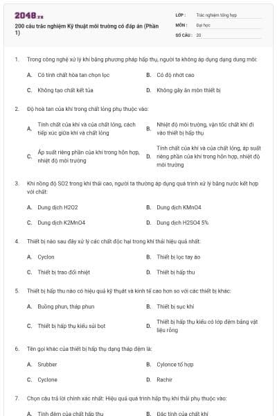 200 câu trắc nghiệm Kỹ thuật môi trường có đáp án (Phần 1)