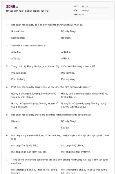 Ôn tập Sinh học 10 có lời giải chi tiết (P2)