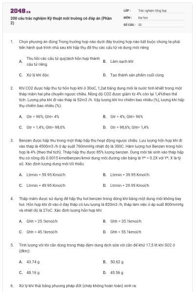 200 câu trắc nghiệm Kỹ thuật môi trường có đáp án (Phần 2)