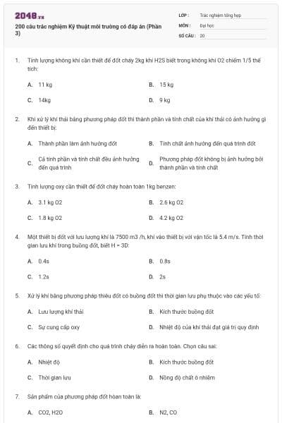 200 câu trắc nghiệm Kỹ thuật môi trường có đáp án (Phần 3)