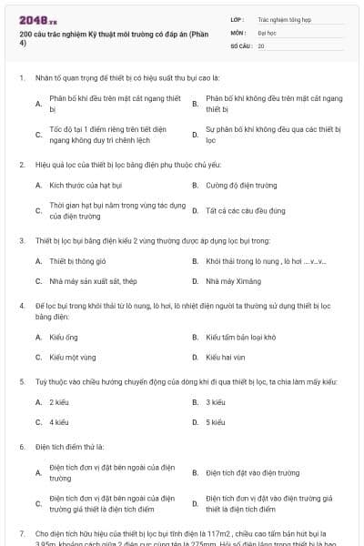 200 câu trắc nghiệm Kỹ thuật môi trường có đáp án (Phần 4)