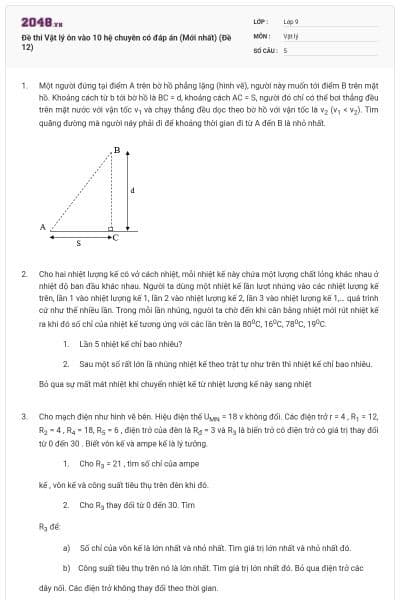 Đề thi Vật lý ôn vào 10 hệ chuyên có đáp án (Mới nhất) (Đề 12)