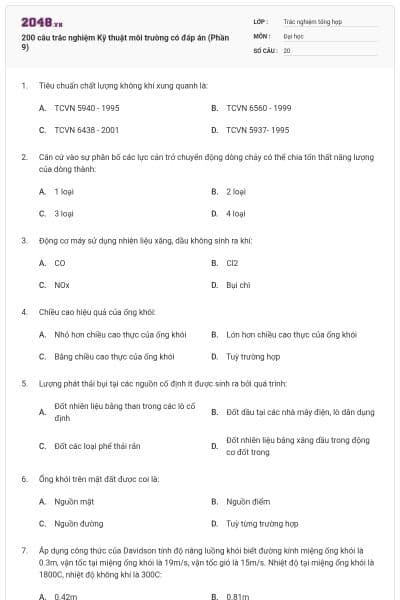 200 câu trắc nghiệm Kỹ thuật môi trường có đáp án (Phần 9)