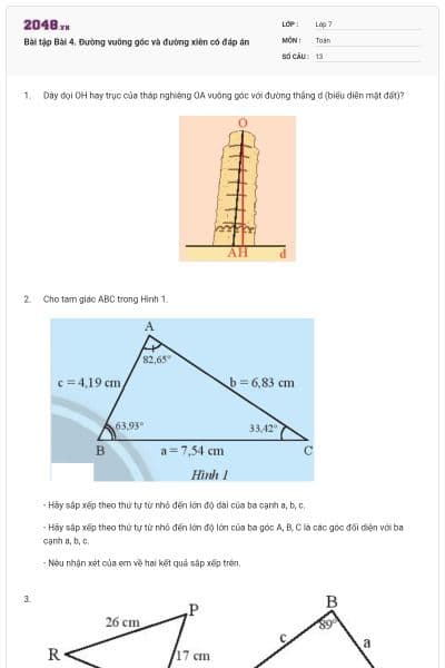 Bài tập Bài 4. Đường vuông góc và đường xiên có đáp án