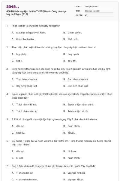 400 Bài trắc nghiệm thi thử THPTQG môn Công dân cực hay có lời giải (P10)