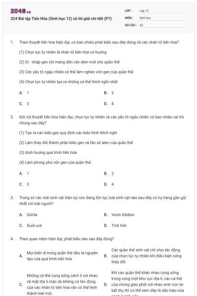324 Bài tập Tiến Hóa (Sinh học 12) có lời giải chi tiết (P7)