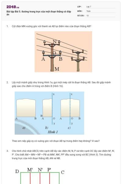 Bài tập Bài 5. Đường trung trực của một đoạn thẳng có đáp án