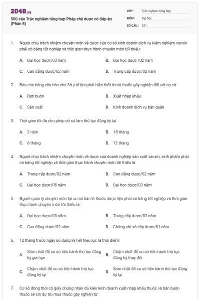 500 câu Trắc nghiệm tổng hợp Pháp chế dược có đáp án (Phần 5)