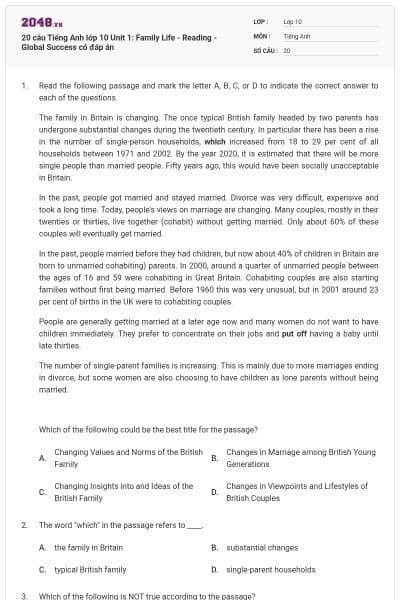 20 câu Tiếng Anh lớp 10 Unit 1: Family Life - Reading - Global Success có đáp án