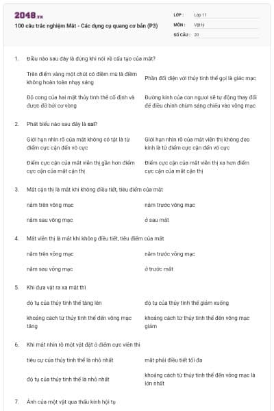 100 câu trắc nghiệm Mắt - Các dụng cụ quang cơ bản (P3)