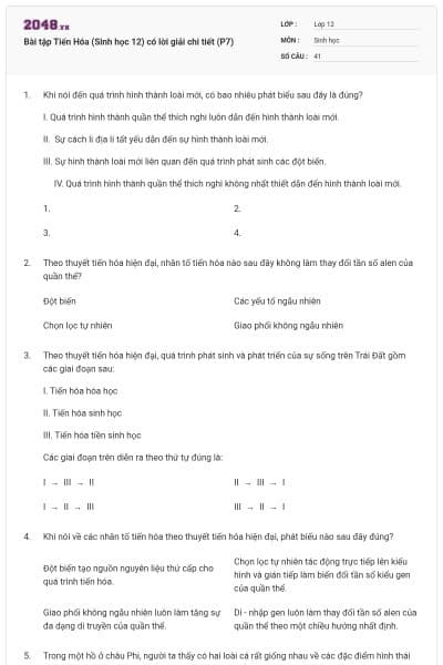 Bài tập Tiến Hóa (Sinh học 12) có lời giải chi tiết (P7)