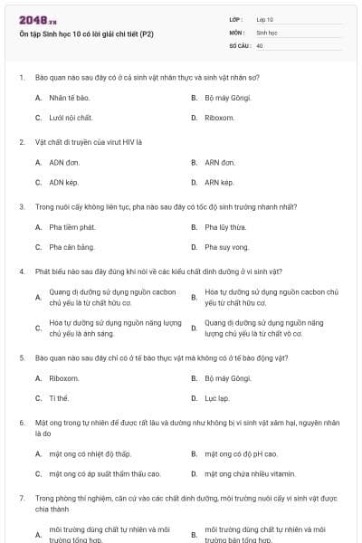 Ôn tập Sinh học 10 có lời giải chi tiết (P2)