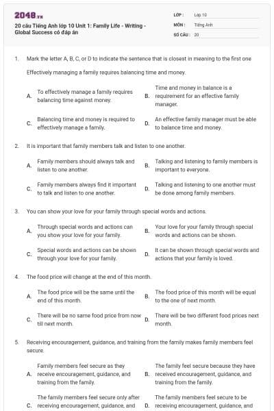 20 câu Tiếng Anh lớp 10 Unit 1: Family Life - Writing - Global Success có đáp án