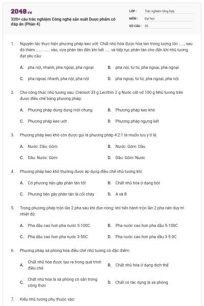 320+ câu trắc nghiệm Công nghệ sản xuất Dược phẩm có đáp án (Phần 4)