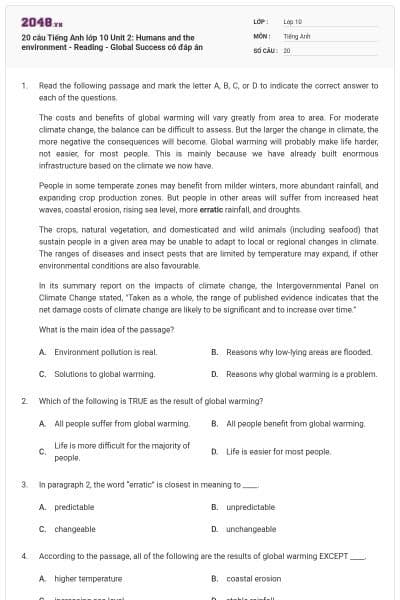 20 câu Tiếng Anh lớp 10 Unit 2: Humans and the environment - Reading - Global Success có đáp án