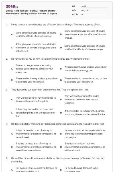 20 câu Tiếng Anh lớp 10 Unit 2: Humans and the environment - Writing - Global Success có đáp án