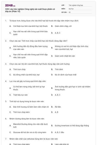 320+ câu trắc nghiệm Công nghệ sản xuất Dược phẩm có đáp án (Phần 10)