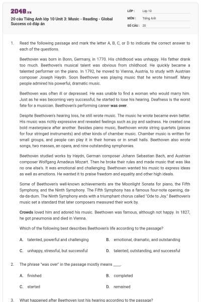 20 câu Tiếng Anh lớp 10 Unit 3: Music - Reading - Global Success có đáp án