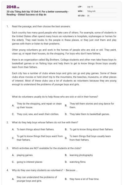 20 câu Tiếng Anh lớp 10 Unit 4: For a better community - Reading - Global Success có đáp án