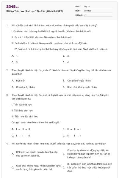 Bài tập Tiến Hóa (Sinh học 12) có lời giải chi tiết (P7)