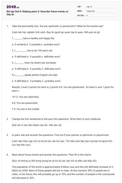Bài tập Unit 8: Making plans E: Describe future trends có đáp án