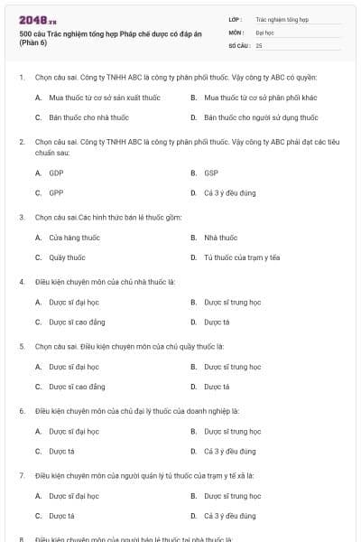 500 câu Trắc nghiệm tổng hợp Pháp chế dược có đáp án (Phần 6)