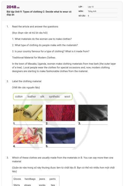 Bài tập Unit 9: Types of clothing C: Decide what to wear có đáp án