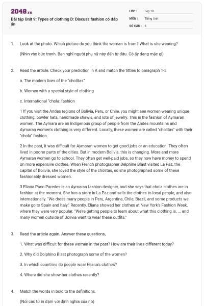 Bài tập Unit 9: Types of clothing D: Discuss fashion có đáp án