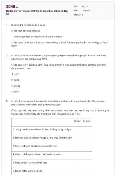 Bài tập Unit 9: Types of clothing E: Describe clothes có đáp án