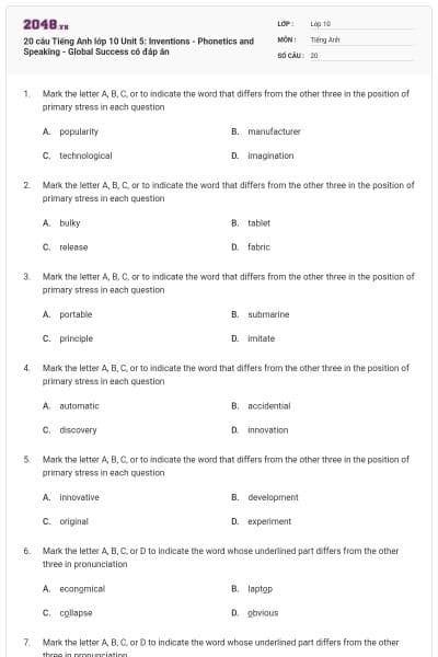 20 câu Tiếng Anh lớp 10 Unit 5: Inventions - Phonetics and Speaking - Global Success có đáp án