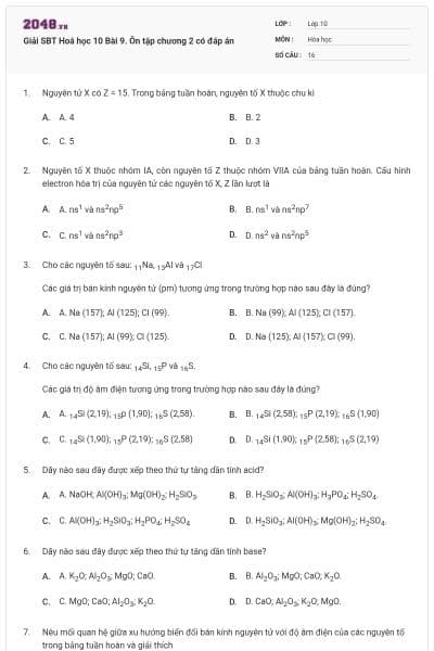 Giải SBT Hoá học 10 Bài 9. Ôn tập chương 2 có đáp án