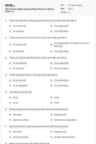 500 câu Trắc nghiệm tổng hợp Pháp chế dược có đáp án (Phần 11)