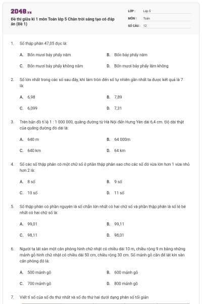 Đề thi giữa kì 1 môn Toán lớp 5 Chân trời sáng tạo có đáp án (Đề 1)