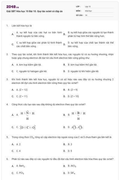Giải SBT Hóa học 10 Bài 10. Quy tắc octet có đáp án
