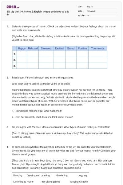 Bài tập Unit 10: Styles E: Explain heathy activities có đáp án